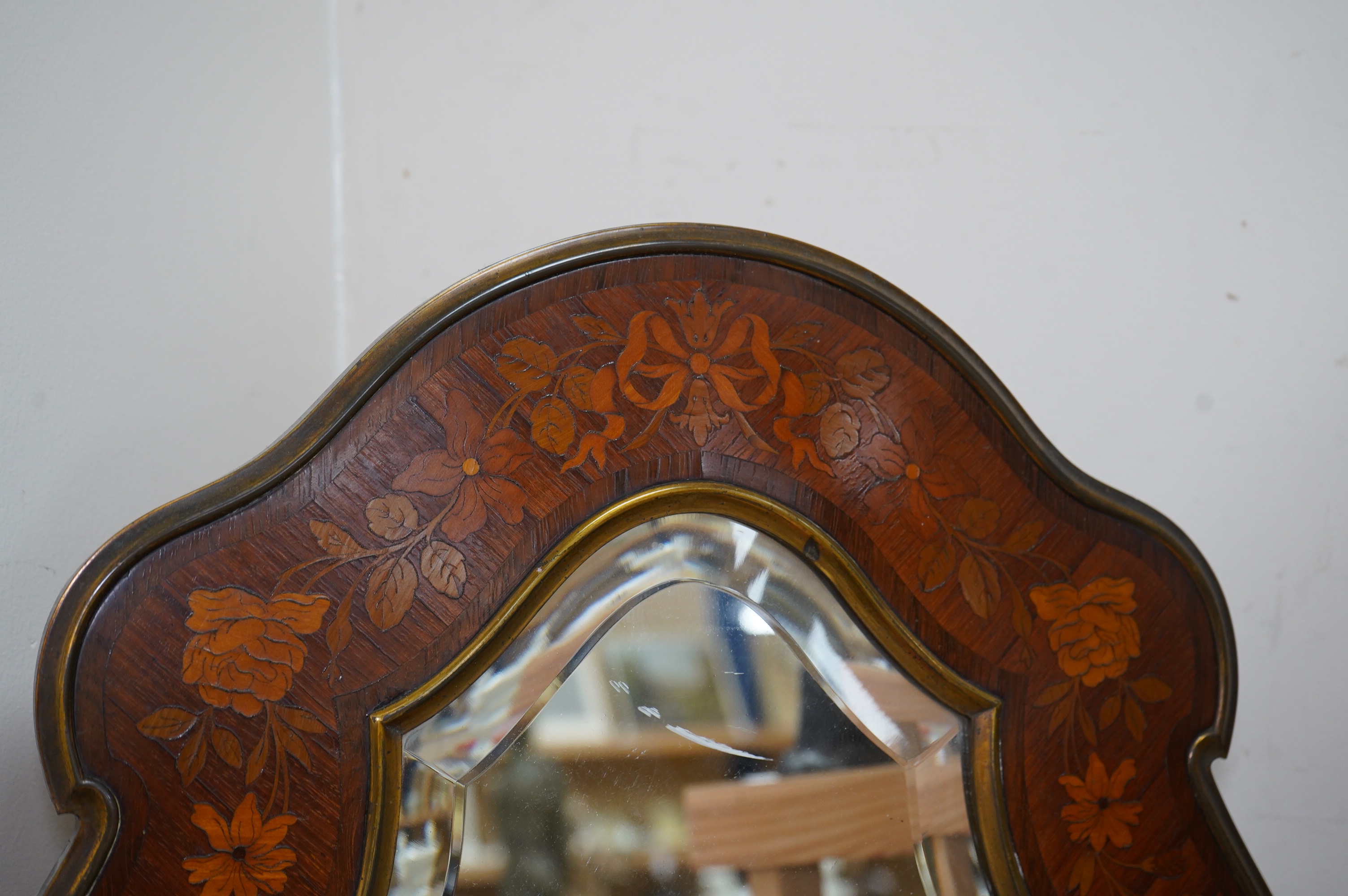 A Louis XV style kingwood and floral marquetry easel mirror, c.1900, 63cm. Condition - good